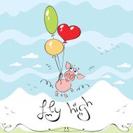 Cute pig flying high in the sky with three balloons