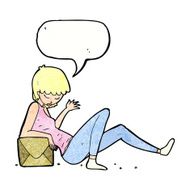 cartoon woman leaning on package box with speech bubble N11