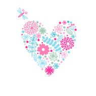 Template greeting card with spring flowers and hearts