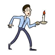 comic cartoon frightened man walking with candlestick N3