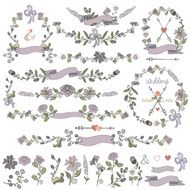 Colored Doodles borders frames wreath floral decor set N3