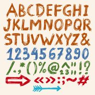 Doodle set of hand drawn alphabet numbers and symbols
