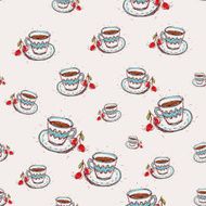 Cup of coffee cherry Hand drawn sketch pink background pattern