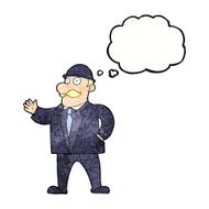 cartoon sensible business man in bowler hat with thought bubble N11