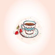 Cup of coffee cherry Hand drawn sketch on pink background