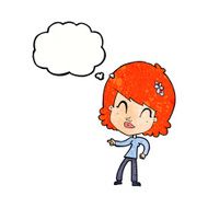 cartoon happy woman pointing with thought bubble N76