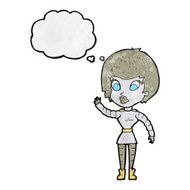 cartoon robot woman waving with thought bubble N22