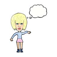 cartoon woman waving away with thought bubble N11