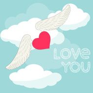 cartoon illustration with flying heart and hand-drawing words of love