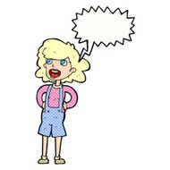 cartoon woman in dungarees with speech bubble N12