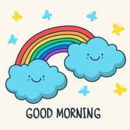 Funny sketching smiling clouds and rainbow Vector cartoon illustration background