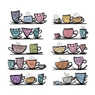 Ornate mugs on shelves sketch for your design N3