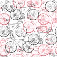 Vintage Bicycle Hand Drawn Seamless Pattern with Hearts