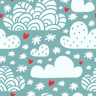 Seamless pattern with clouds snow and hearts