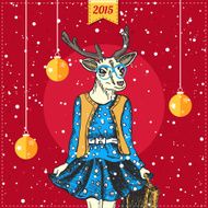 Hand drawn deer woman with snowfall and xmas balls Hipster