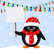 Penguin in red hat with blank banner