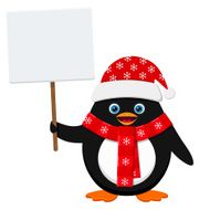 Penguin in red hat with banner isolated on wight background