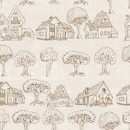 Seamless pattern with houses and trees Hand drawing