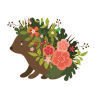 Cute hedgehog with leaves and flowers