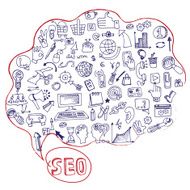 Doodle seo concept with icons in Speak bubble