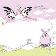 Cute card design with a stork big bag and presents N2