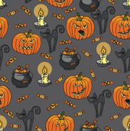 Halloween seamless pattern Pumpkin cat candle boiler candy