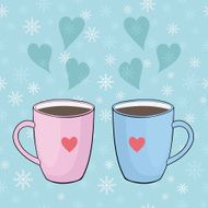 vector winter cups in love on snowflakes background