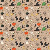 Happy Halloween Seamless pattern with pumpkins skulls cats ghosts