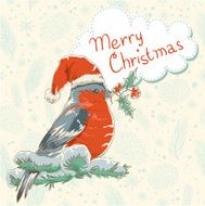 Christmas retro postcard with bullfinch bird