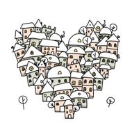 Winter city of love heart shape sketch for your design N3