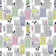 Seamless pattern with houses and cats