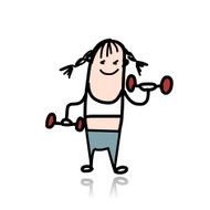 Girl with dumbbells doing exercises cartoon character