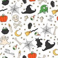 Happy Halloween Seamless pattern with pumpkins skulls cats spider&#039;s web