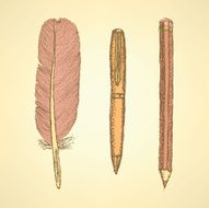 Sketch cute pen feather and pencil in vintage style N2