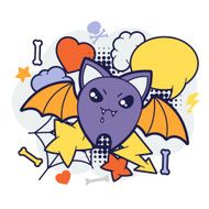 Halloween kawaii print or card with cute doodle bat N2