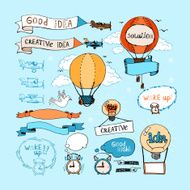 Idea hand-drawn elements Bulbs airplanes balloons and alarm clocks