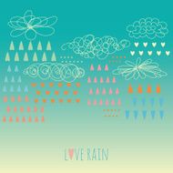Doodle rain background with colorful heart-shaped drops N3