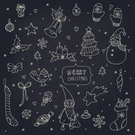 Set of doodle Christmas decorations on a chalkboard
