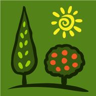 Sketch colorful tree and sun on green background
