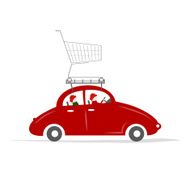 Family traveling by red car with trolley