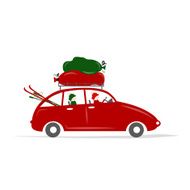 Family traveling by red car with luggage N2