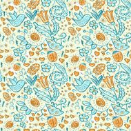 Seamless doodles birds and flowers grunge pattern N2