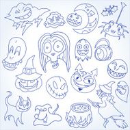 Doodle Monsters and Halloween Characters Vector Outline Drawing Illustration Set