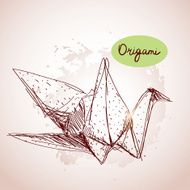 Origami paper cranes sketch line on beige background Grunge texture