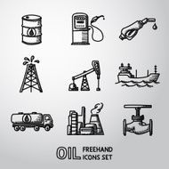 Set of handdrawn oil icons - barrel gas station rigs