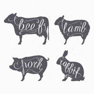 Hipster style farm animals silhouetts Beef lamb pork and rabbit