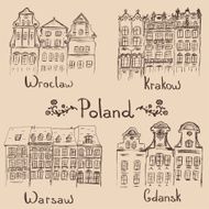 Four hand drawn Polish cities