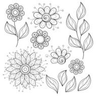 Vector Set of Monochrome Contour Flowers and Leaves N5