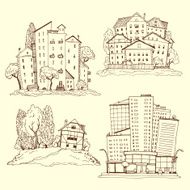Set handdrawn illustrations of houses silhouettes different urban landscape N6