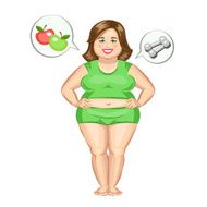 The fat girl with dumbbells and apples Vector illustration